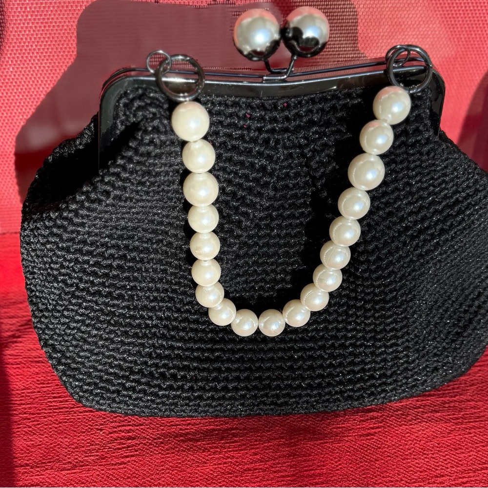 Elegant Black Knit Bag with Pearl Handle